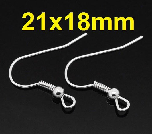 E026 - 300 pcs Silver Plated Earring Hooks with Spring and Ball - 21mm x 18mm