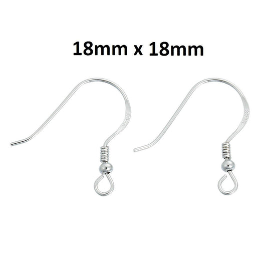 E064 - 2 pcs (1 pair) 925 Sterling Silver Earring Hooks with Spring and Ball - 18x18mm - Platinum Plated