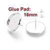 E123 - 10 pcs. Silver Plated Earring Posts Studs Settings Bezels Cabochons Tacks- 16mm Glue Pad Setting - Includes Rubber Backs!