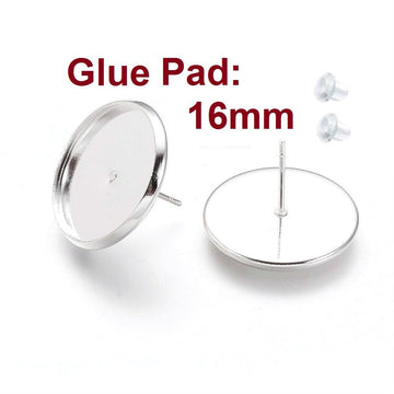 E123 - 10 pcs. Silver Plated Earring Posts Studs Settings Bezels Cabochons Tacks- 16mm Glue Pad Setting - Includes Rubber Backs!