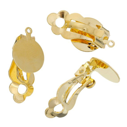 E134 - 10 pcs. Gold Plated Hinged Earring Posts Studs Clips Settings Cabochons Posts - 12mm Glue Pad Setting