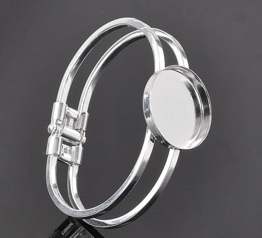 B028 - 4 pcs. Silver Plated Bangle Bezel Cabochon Open Closed Cuff Bracelets - 6.6cm x 5.6cm - 25mm Glue Pad (1 inch) - Made of Copper!