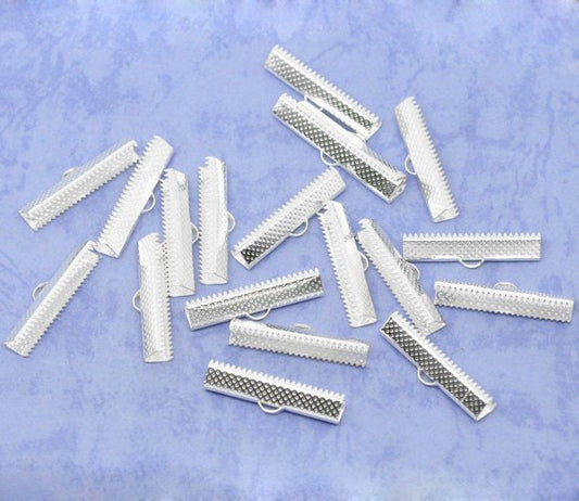 BA043 - 100 pcs. Silver Plated Textured Ribbon Crimp End Caps - 30x7.5mm