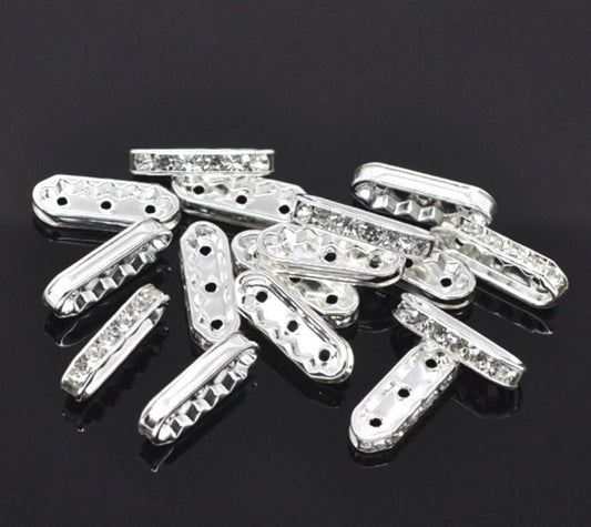 BD330 - 10 pcs. Sterling Silver Plated Rectangle Austrian Crystal Rhinestone 3 Hole Connectors! Great for triple strand bracelets! 18mm x 7mm