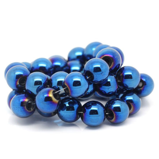 BD331 - 52 pcs. - 8mm Blue, Purple and Golden Hematite Round Beads - 15 inch strand - Hole Size: 1.6mm