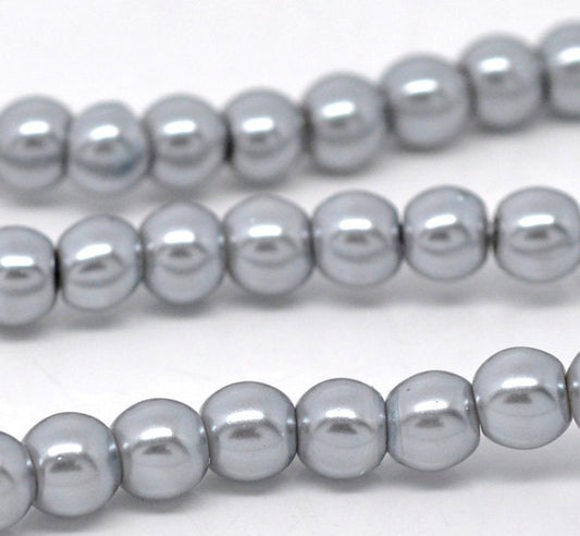 BD145 - 8mm Silver Grey Glass Pearl Imitation Round Beads - 32 inch strand - Approx. 105 beads - Hole Size: 1mm