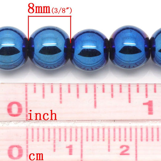 BD331 - 52 pcs. - 8mm Blue, Purple and Golden Hematite Round Beads - 15 inch strand - Hole Size: 1.6mm