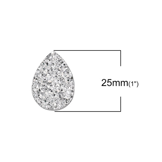 CA333 - 10 pcs Drusy Druzy Resin Embellishment Teardrop Cabochons - Silver - 25x18mm - 25mm x 18mm - 18x25mm - Tear Drop - Thick: 4.5mm