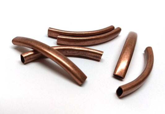 BD332 - 6 pcs. Antique Copper Metal Noodle Rectangle Oval Tube Long Curved Beads - 42mm x 6mm - Hole Size: 4.5mm x 2.5mm