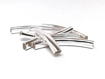 BD333 - 6 pcs. Silver Plated Metal Noodle Rectangle Oval Tube Long Curved Beads - 42mm x 6mm - Hole Size: 4.5mm x 2.5mm