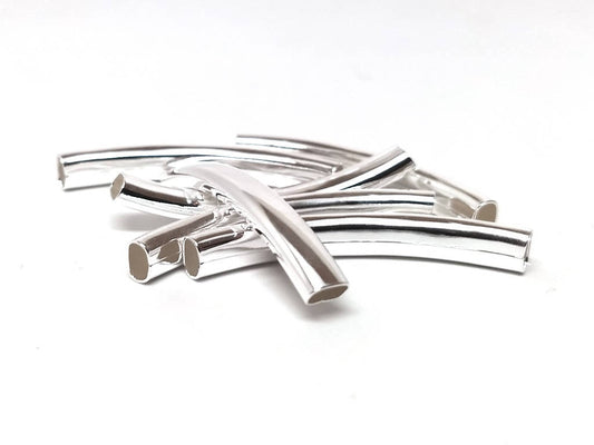 BD333 - 6 pcs. Silver Plated Metal Noodle Rectangle Oval Tube Long Curved Beads - 42mm x 6mm - Hole Size: 4.5mm x 2.5mm