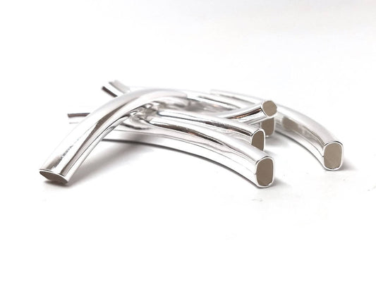 BD333 - 6 pcs. Silver Plated Metal Noodle Rectangle Oval Tube Long Curved Beads - 42mm x 6mm - Hole Size: 4.5mm x 2.5mm
