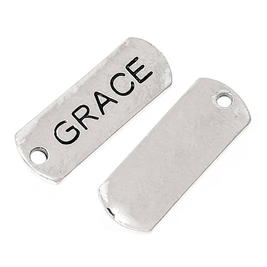 P330 - 10pcs. Antique Silver "Grace" Rectangle Charms Pendants - 21mm X 8mm