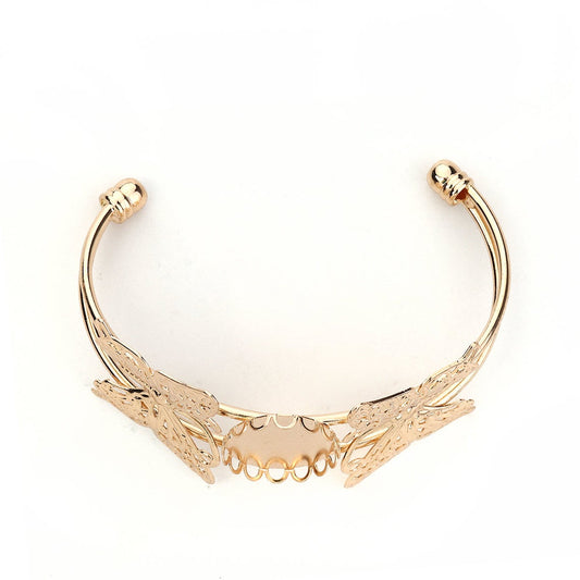 B090 - 1 pc. Gold Plated Open Cuff Bangle Bezel Cabochon Bracelets - 25mm x 18mm Glue Pad - 16.5cm (6.5") - Oval - 25x18mm - 18x25mm