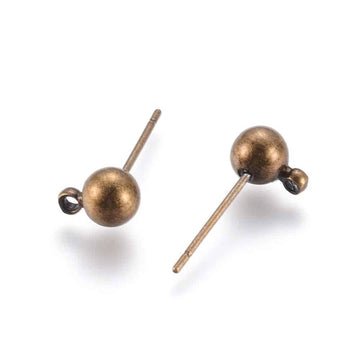 E859 - 50 pcs. Antique Bronze Earring Ball Posts Settings with Loop - 15mm x 5mm - Rubber Backs Included!