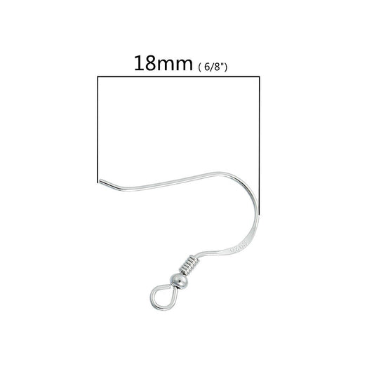 E064 - 2 pcs (1 pair) 925 Sterling Silver Earring Hooks with Spring and Ball - 18x18mm - Platinum Plated