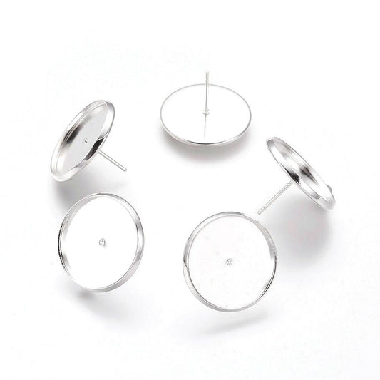 E123 - 10 pcs. Silver Plated Earring Posts Studs Settings Bezels Cabochons Tacks- 16mm Glue Pad Setting - Includes Rubber Backs!