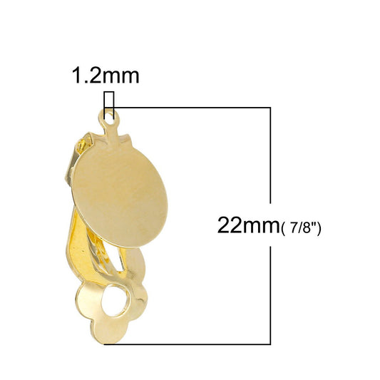 E134 - 10 pcs. Gold Plated Hinged Earring Posts Studs Clips Settings Cabochons Posts - 12mm Glue Pad Setting