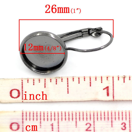 E053A - 20 pcs. Gunmetal Earring Clips Settings Lever Back Bezels Cabochons - 12mm Glue Pad Setting
