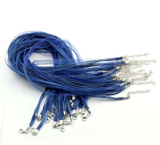 N045 - 15 pcs. Ocean Blue Organza Ribbon Waxen Cord Necklaces with Lobster Clasp - 17 inch (43 cm) - Claw Clasps and Extender Chains!