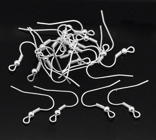 E026 - 300 pcs Silver Plated Earring Hooks with Spring and Ball - 21mm x 18mm