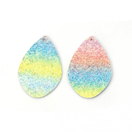 P719 - 10 pcs. Rainbow Stripes Faux Leather Dangle Charms Pendants - Sparkle - Teardrop - 55mm (2.17") - Double Sided - Great for Earrings