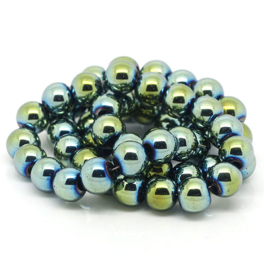 BD335 - 52 pcs. - 8mm Blue, Green and Golden Hematite Round Beads - 15 inch strand - Hole Size: 1.6mm