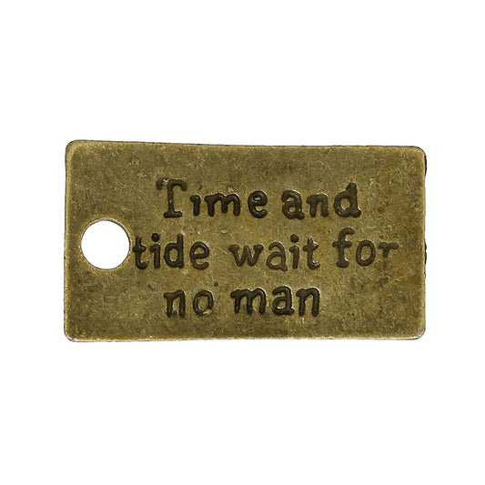 P720 - 20 pcs. Antique Bronze "Time and tide wait for no man" Rectangle Charms Pendants - 28mm X 15mm