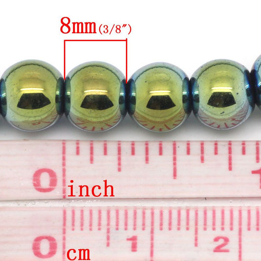 BD335 - 52 pcs. - 8mm Blue, Green and Golden Hematite Round Beads - 15 inch strand - Hole Size: 1.6mm