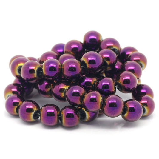 BD336 - 50 pcs. - 8mm Purple and Golden Hematite Round Beads - 15 inch strand - Hole Size: 1.6mm