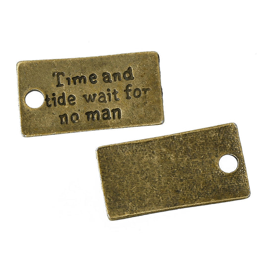 P720 - 20 pcs. Antique Bronze "Time and tide wait for no man" Rectangle Charms Pendants - 28mm X 15mm