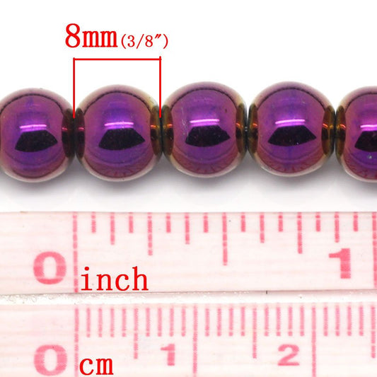 BD336 - 50 pcs. - 8mm Purple and Golden Hematite Round Beads - 15 inch strand - Hole Size: 1.6mm
