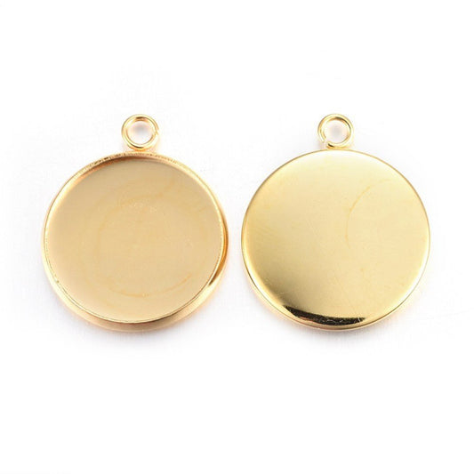 P367 - 10 pcs. 304 Stainless Steel Circle Round Bezel Pendant Tags Trays - 18mm Glue Pad Setting - Golden - Tarnish Resistant!