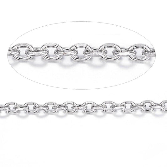 N138 - 10M (32.8ft) - 304 Stainless Steel Silver Tone Cable Chain - 4mm x 3mm Links - 18 ga (0.8mm) - Tarnish Resistant