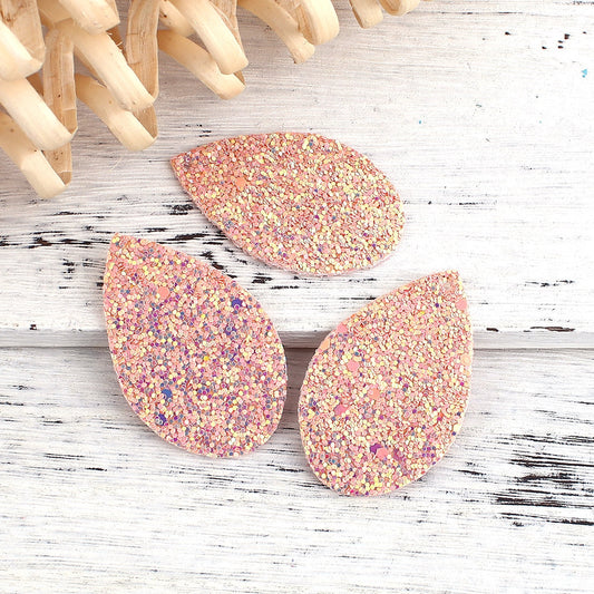 P721 - 10 pcs. Coral Multicolor Glitter Faux Leather Dangle Charms Pendants - Teardrop - 55mm (2.17") - Great for Light Earrings! Double-Sided