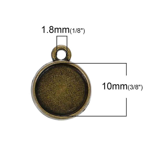 P331 - 10 pcs. Antique Bronze Circle Round Bezel Cabochon Pendant Tags Trays - 10mm Glue Pad - Hole Size: 1.8mm