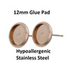 E065 - 10 pcs. Stainless Steel Rose Gold Plated Earring Posts Studs Settings Bezels Cabochons Tacks- 12mm Glue Pad Setting - With Stoppers!
