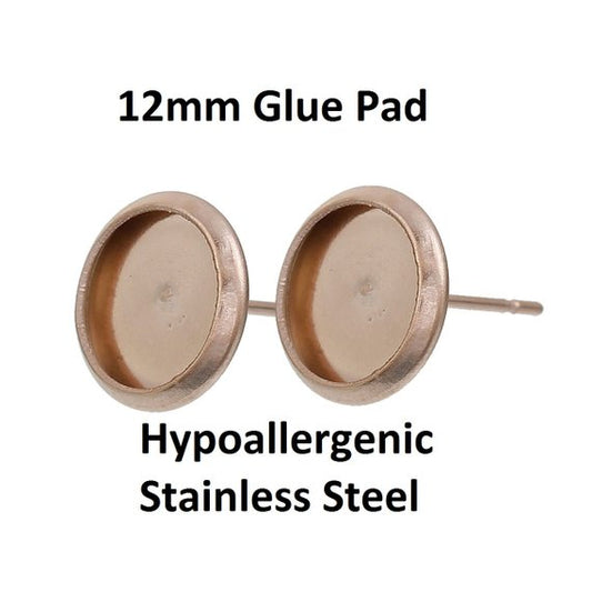 E065 - 10 pcs. Stainless Steel Rose Gold Plated Earring Posts Studs Settings Bezels Cabochons Tacks- 12mm Glue Pad Setting - With Stoppers!