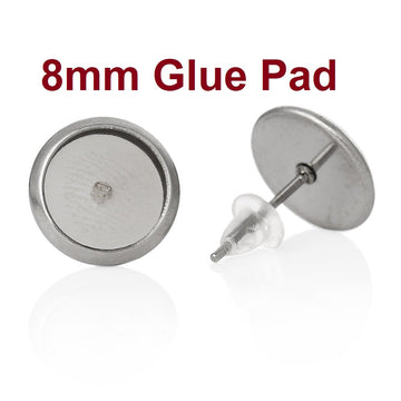 E175 - 10 pcs. 304 Stainless Steel Earring Posts Studs Settings Bezels Cabochons Tacks - 8mm Glue Pad Setting