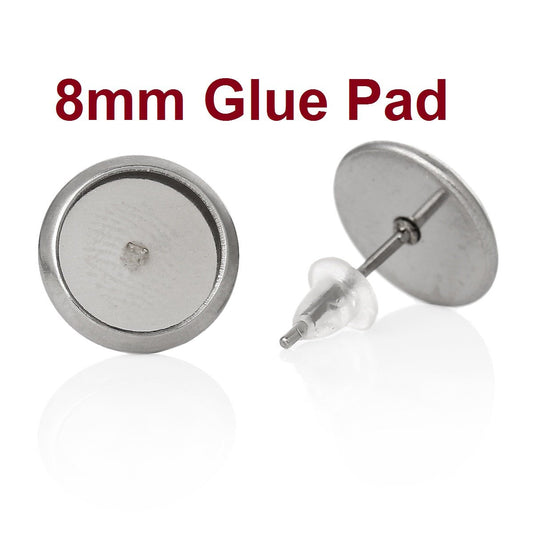 E175 - 10 pcs. 304 Stainless Steel Earring Posts Studs Settings Bezels Cabochons Tacks - 8mm Glue Pad Setting