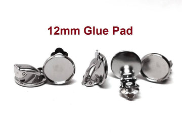 E191 - 20 pcs. Silver Tone Earring Clips Settings Hinged Bezels Cabochons - 12mm Glue Pad Setting - Platinum