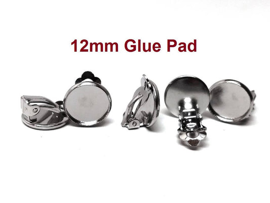 E191 - 20 pcs. Silver Tone Earring Clips Settings Hinged Bezels Cabochons - 12mm Glue Pad Setting - Platinum