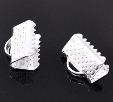 BA011A - 40 pcs. Silver Plated Textured Ribbon Crimp End Caps - 10mm x 8mm - Perfect for 3/8" (10mm) Ribbons and Cords!