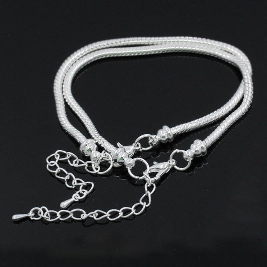B049A - 2 pcs. Silver Plated European Snake Chain Bracelets with Chain Extenders - Lobster Clasps - Screw Cap - 18cm (7.09") - Claw Clasps