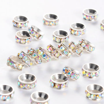 BD179 - 20 pcs. Silver Plated Clear Rhinestone Rondelle Spacer Beads - 7mm x 3.3mm - Hole Size: 3.5mm - Multicolor AB