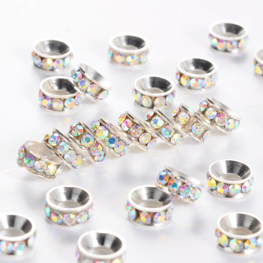 BD179 - 20 pcs. Silver Plated Clear Rhinestone Rondelle Spacer Beads - 7mm x 3.3mm - Hole Size: 3.5mm - Multicolor AB