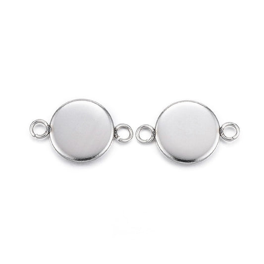 P286 - 10 pcs. 304 Stainless Steel Silver Tone Circle Round Bezel Cabochon Cameo Connector Tags Trays - 8mm Glue Pad - Tarnish Resistant