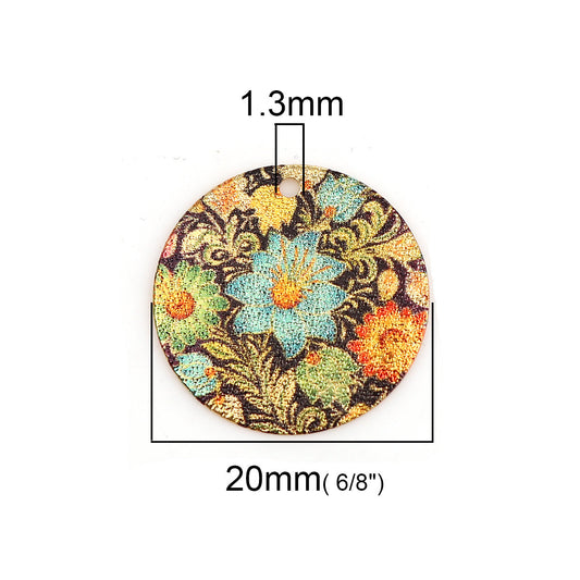 P1119 - 10 pcs. Gold Plated Multicolor Enamel Circle Metal Dangle Charms Pendants - Blue Flower - 20mm - 0.8" - Great for Earrings or Dangles!