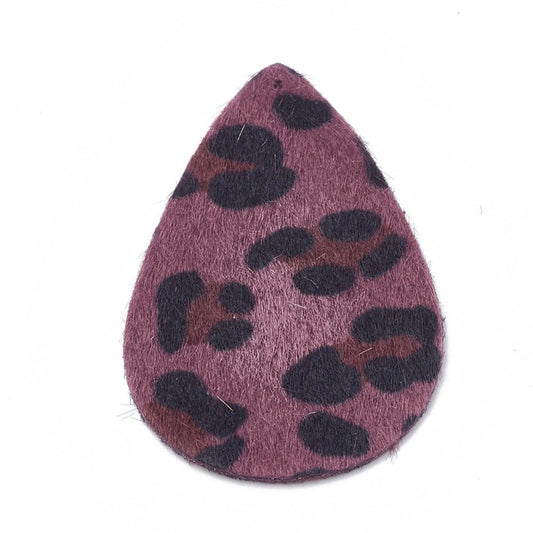P251 - 10 pcs. Purple Leopard Faux Fur Leather Dangle Charms Pendants - Teardrop - 55mm (2.17") - Great for Light Earrings or Dangles! Double-Sided