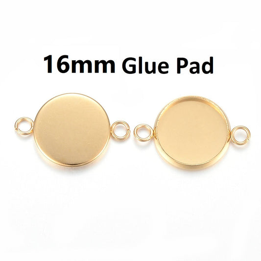 P295 - 5 pcs. 304 Stainless Steel Golden Circle Round Bezel Cabochon Cameo Connector Tags Trays - 16mm Glue Pad - Tarnish Resistant!